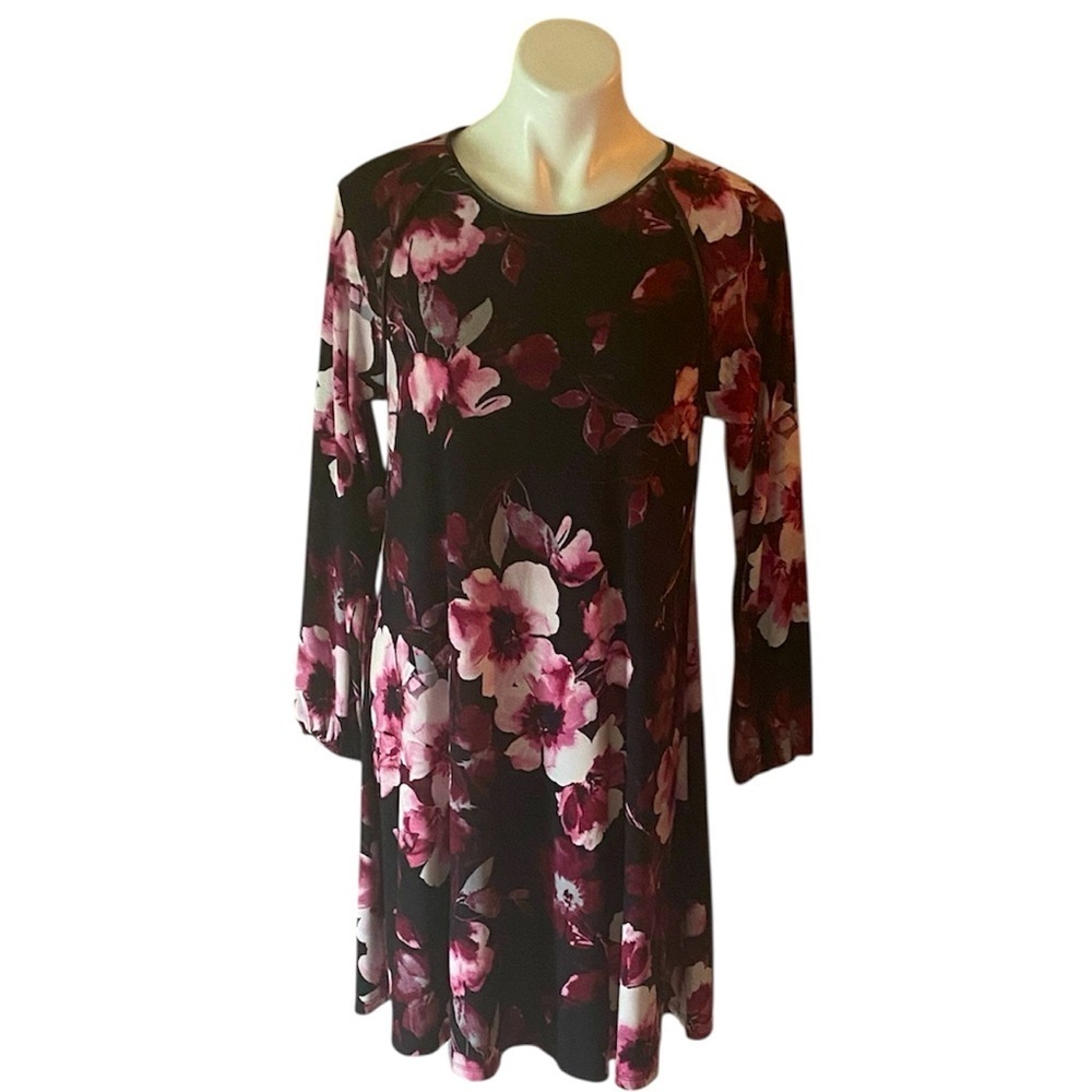 Anne Klein Women’s Black Moody Floral Long Sleeve Stretchy Shift Dress Size 8